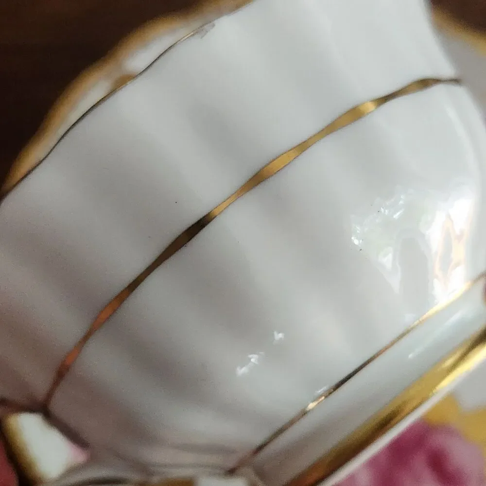 Vintage Royal Chelsea England fine bone China heavy gold cabbage Rose cup saucer